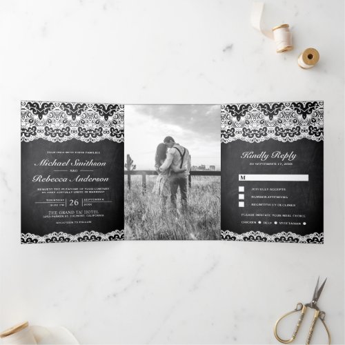Black Chalkboard Country Lace All in One Wedding Tri_Fold Invitation