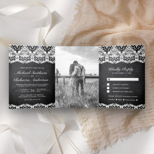 Black Chalkboard Country Lace All in One Wedding Tri-Fold Invitation
