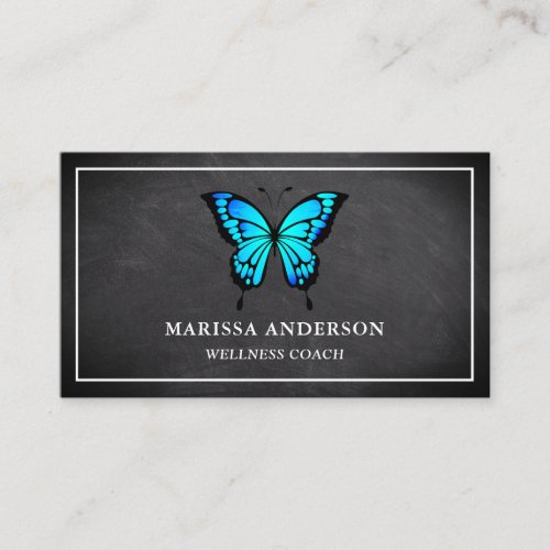 Black Chalkboard Elegant Blue Butterfly Business Card