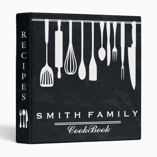 Black Chalkboard Family Recipe Utensils Cookbook 3 Ring Binder