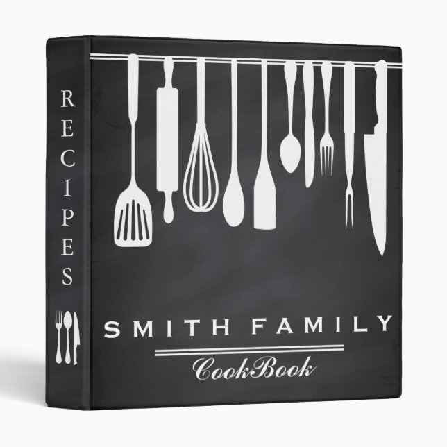 Black Chalkboard Family Recipe Utensils Cookbook 3 Ring Binder (Front/Spine)
