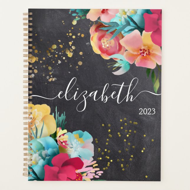 Black Chalkboard Floral Girly Name Any Year Planner (Front)