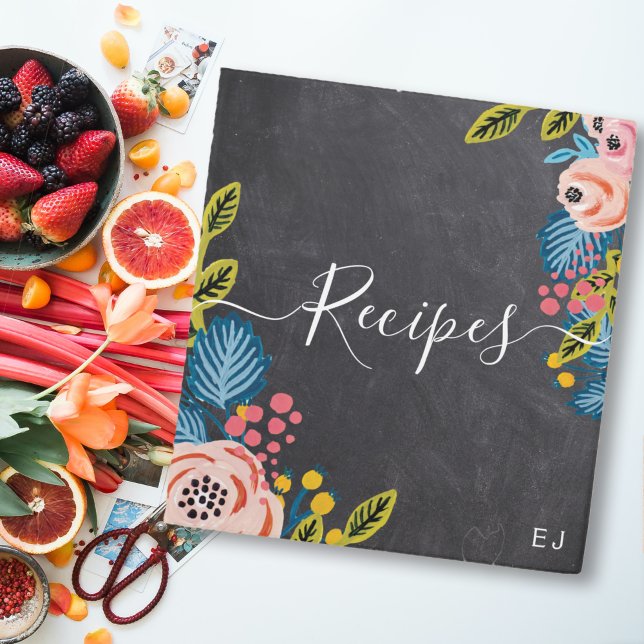 Black Chalkboard Florals Girly Monogram Recipe 3 Ring Binder (Creator Uploaded)