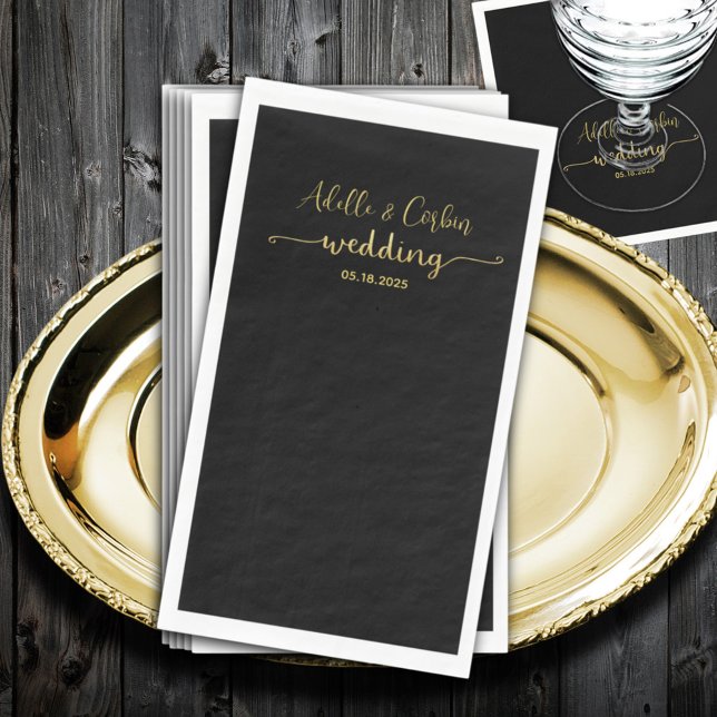 Black Chalkboard & Gold Calligraphy Wedding Paper Guest Towels (Creator Uploaded)