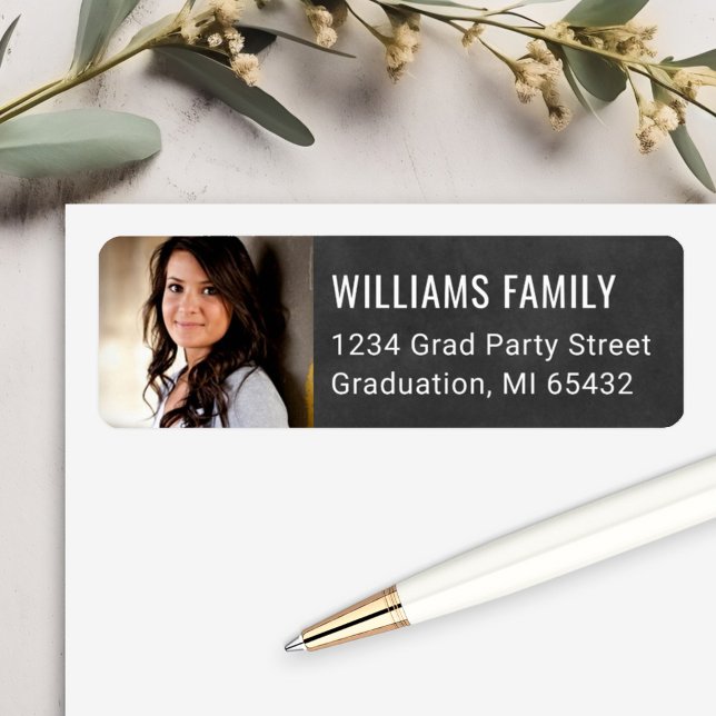 Black Chalkboard Graduate Photo Return Address Label (Creator Uploaded)