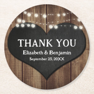 Black Chalkboard Heart Wood Wedding Thank You Round Paper Coaster