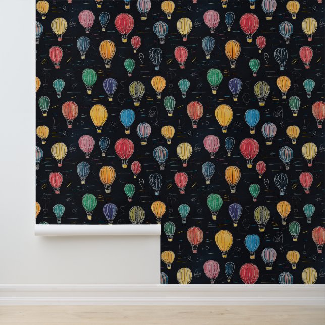 Black Chalkboard Hot Air Balloon Kindergarten Wall Wallpaper (Application)