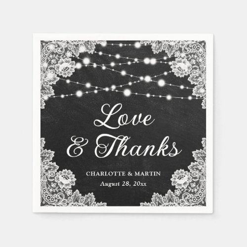Black Chalkboard Lace Love and Thanks Wedding Napkins