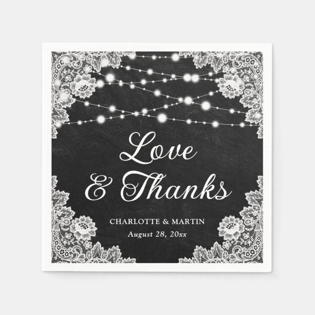 Black Chalkboard Lace Love and Thanks Wedding Napkins (Front)