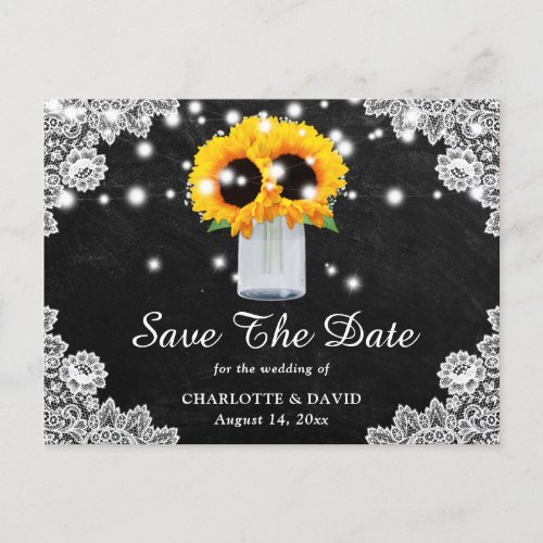 Black Chalkboard Lace Sunflower Save The Date Announcement Postcard