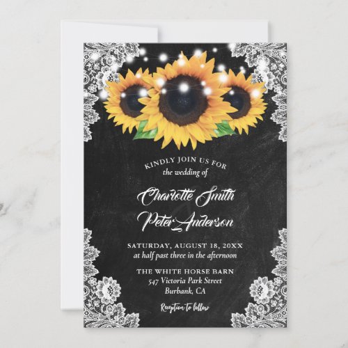 Black Chalkboard Lace Sunflower Wedding Invitation