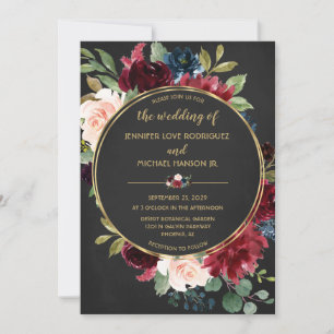 Black Chalkboard Marsala Navy Gold Floral Blooms Invitation