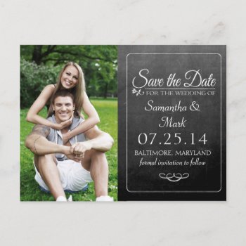 Black Chalkboard Photo Save The Date Announcement Postcard by prettypicture at Zazzle