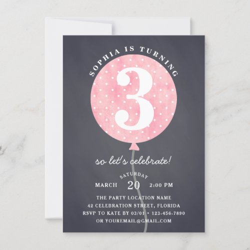 Black Chalkboard Pink Balloon Girl Birthday  Invitation