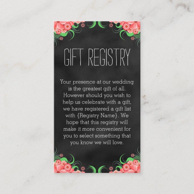 Black Chalkboard Pink Floral Gift Registry Enclosure Card (Front)