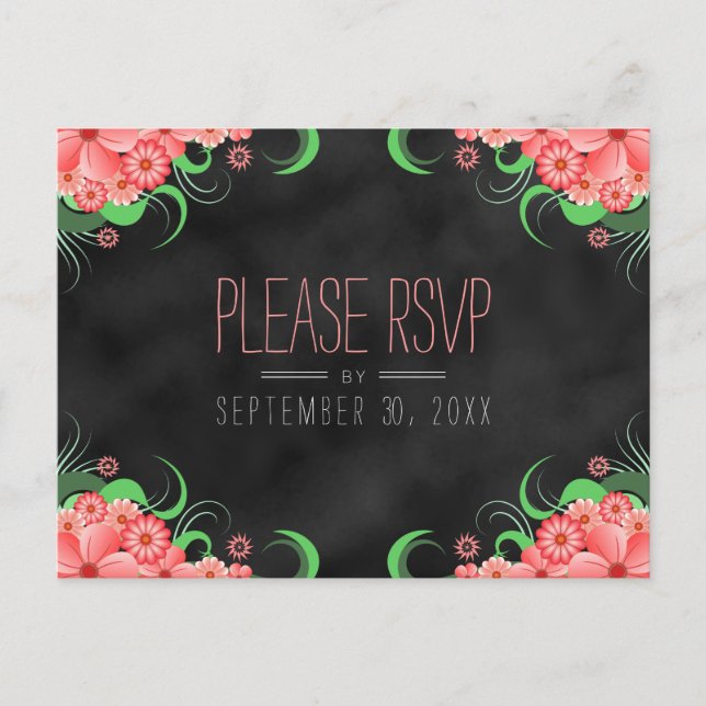 Black Chalkboard Pink Floral RSVP Reply Postcards (Front)