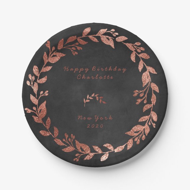 Black Chalkboard Pink Rose Gold Gray Christmas Paper Plates (Front)