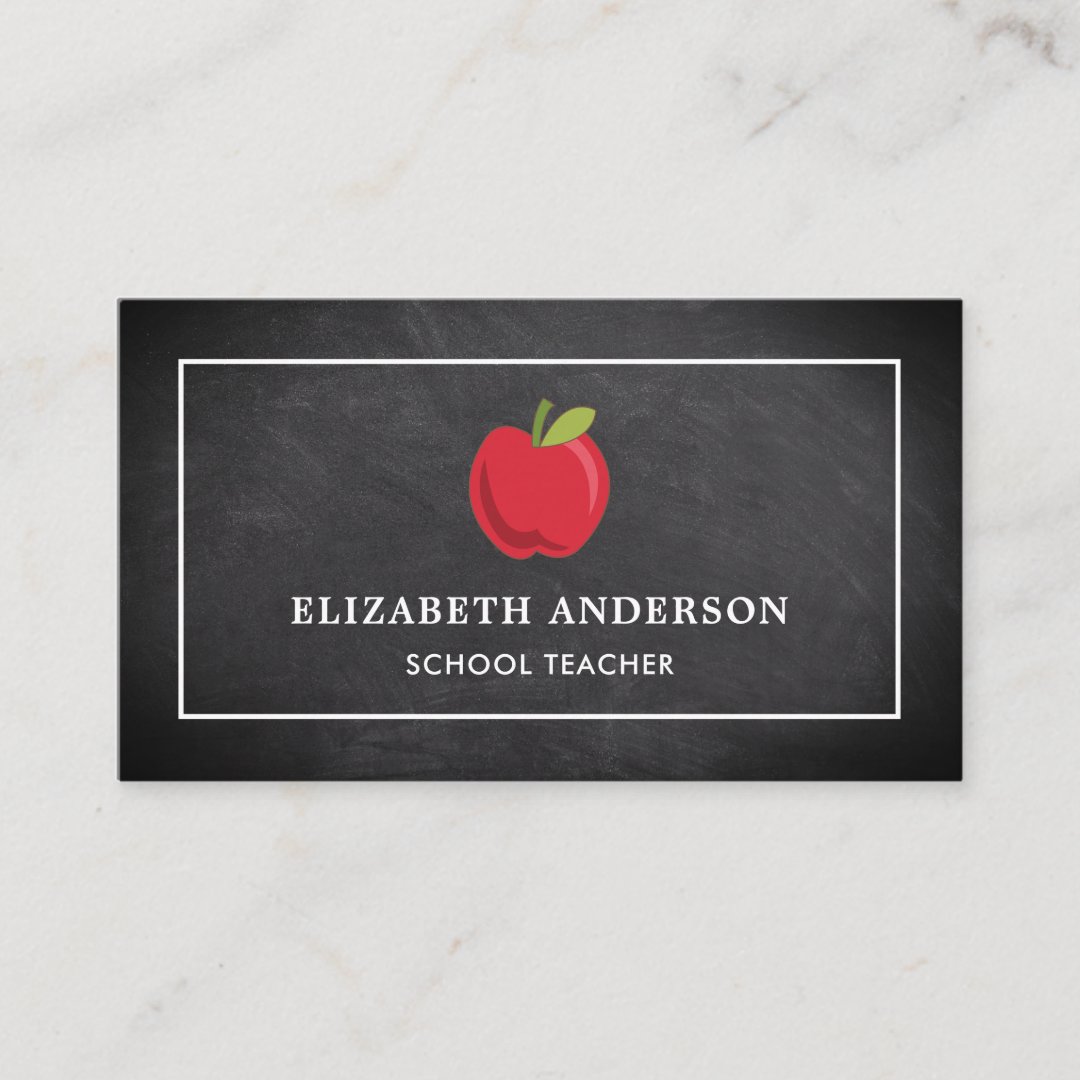 Black Chalkboard Red Apple School Teacher Business Card | Zazzle