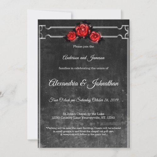 Black Chalkboard Red Rose Border Wedding Invites