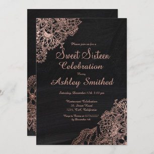 Black chalkboard rose gold floral Sweet 16 Invitation