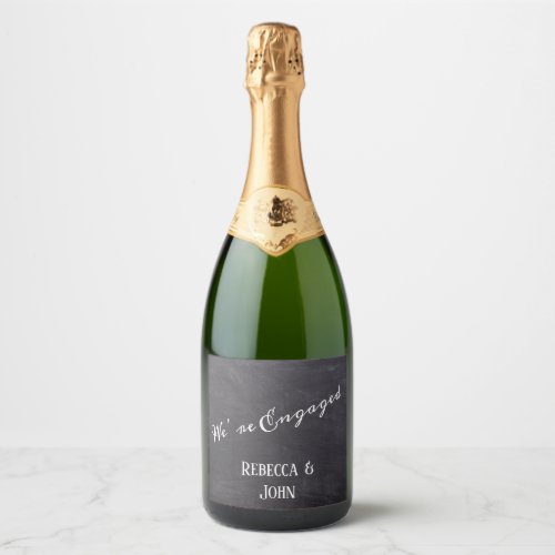 Black Chalkboard Rustic Calligraphy Were Engaged  Sparkling Wine Label