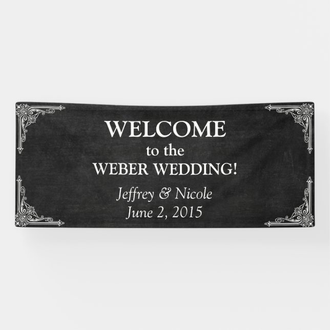 Black Chalkboard Rustic White Flourishes Wedding Banner (Horizontal)