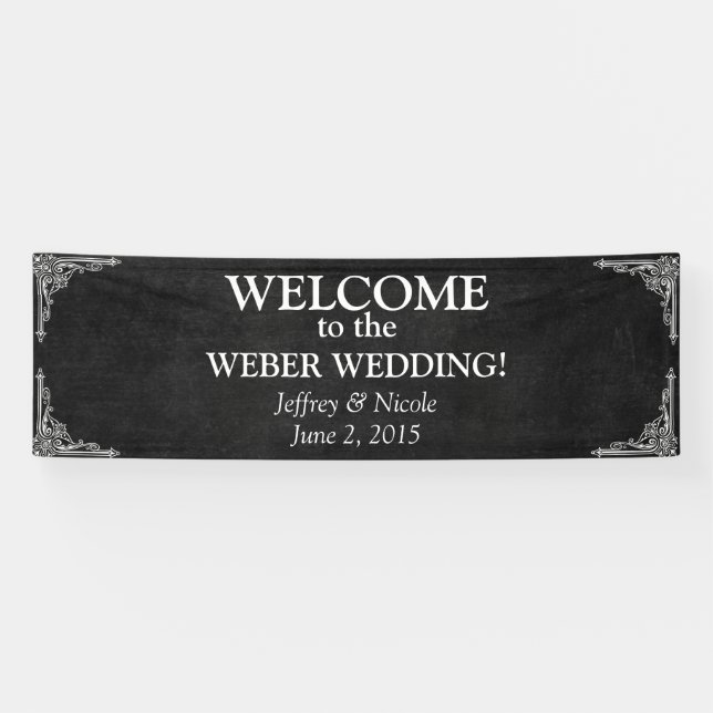 Black Chalkboard Rustic White Flourishes Wedding Banner (Horizontal)