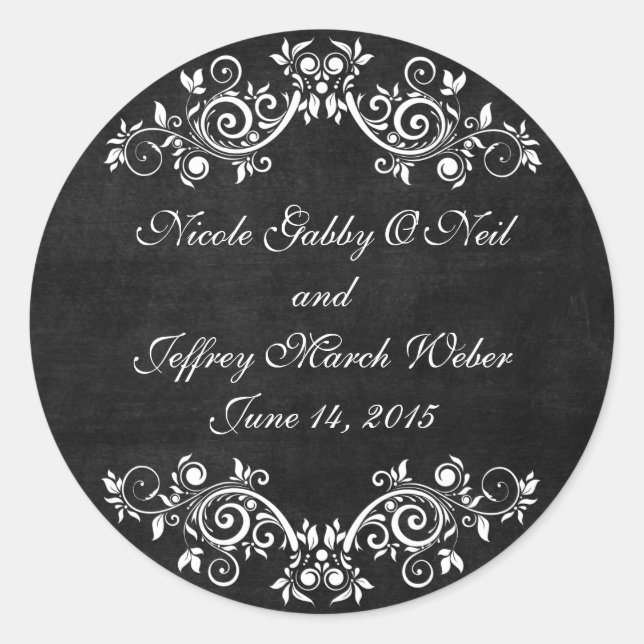 Black Chalkboard Rustic White Flourishes Wedding Classic Round Sticker (Front)