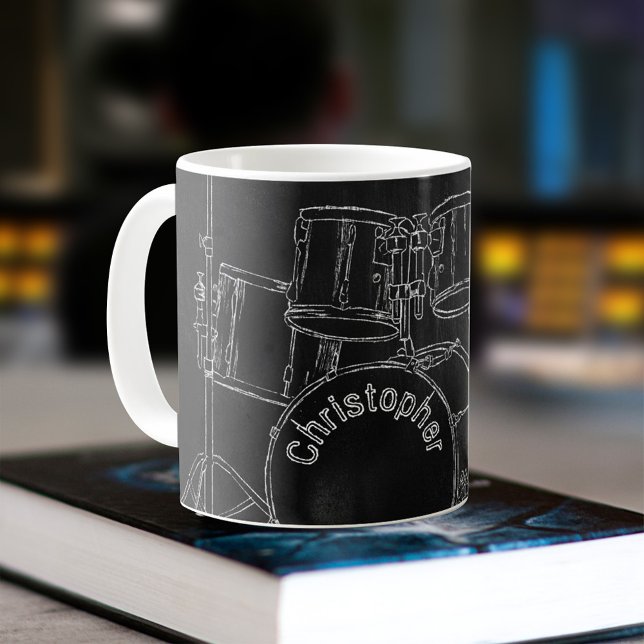 Black Chalkboard Sketch Art Personalized Drum Set Coffee Mug (Creator Uploaded)