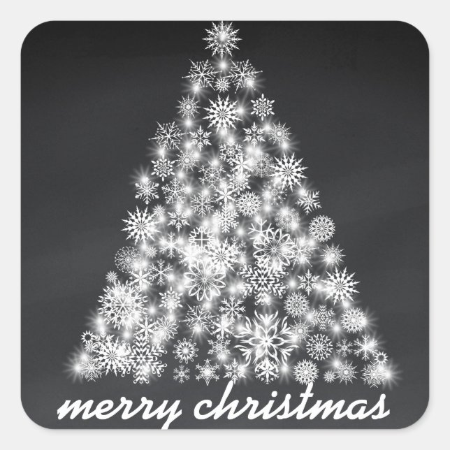 Black Chalkboard Sparkly Christmas Snowflake Tree Square Sticker (Front)