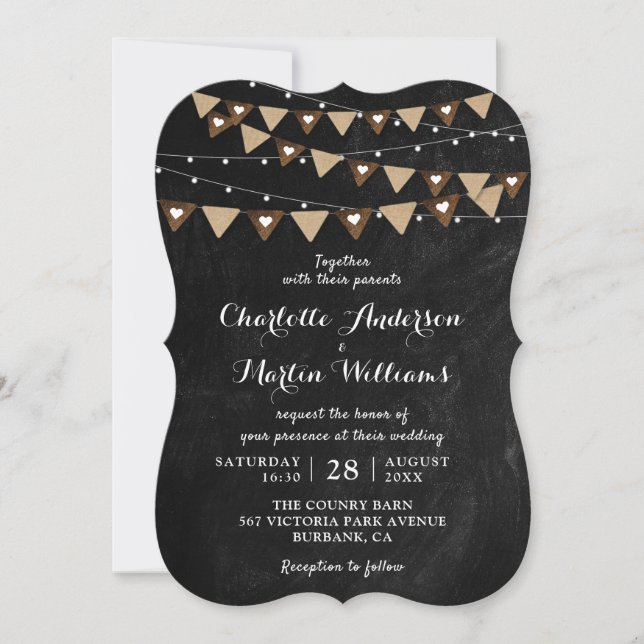 Black Chalkboard String Lights Bunting Wedding Invitation (Front)