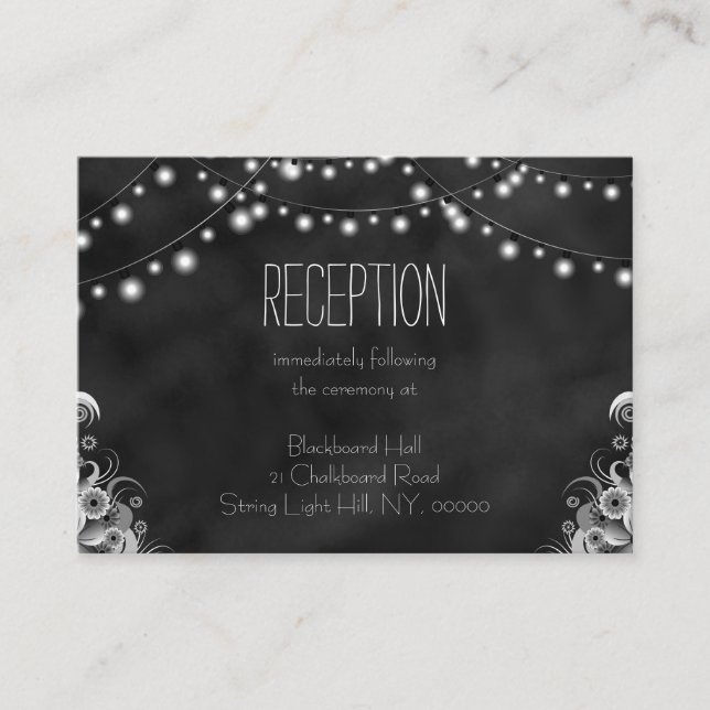 Black Chalkboard String Lights Reception Enclosure Card (Front)