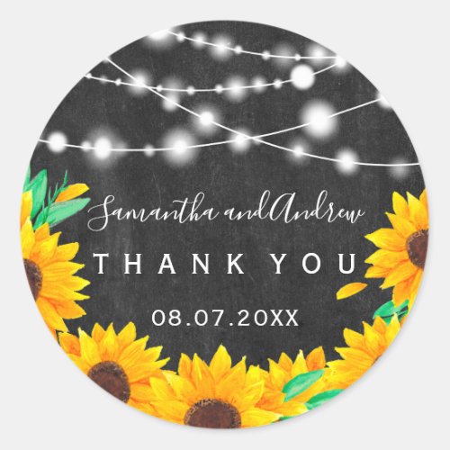 black chalkboard string lights sunflower Thank you Classic Round Sticker