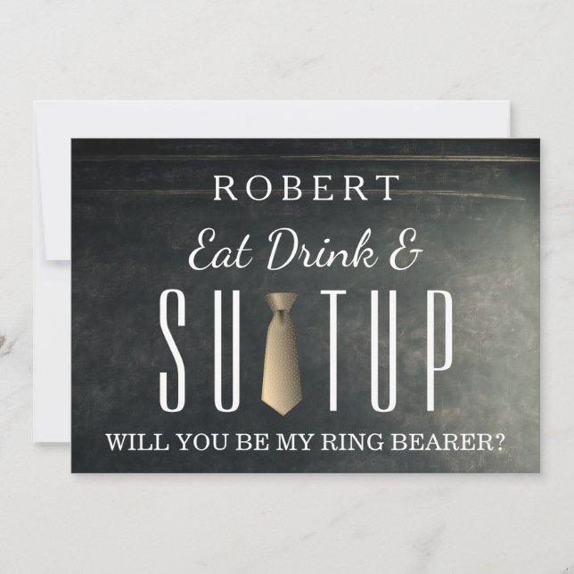 Black Chalkboard Suitup Will you be my ring bearer Invitation (Front)