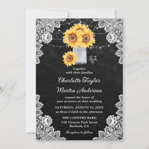 Black Chalkboard Sunflower Mason Jar Wedding Invitation