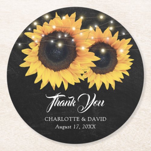 Black Chalkboard Sunflower Wedding Thank You Round Paper Coaster