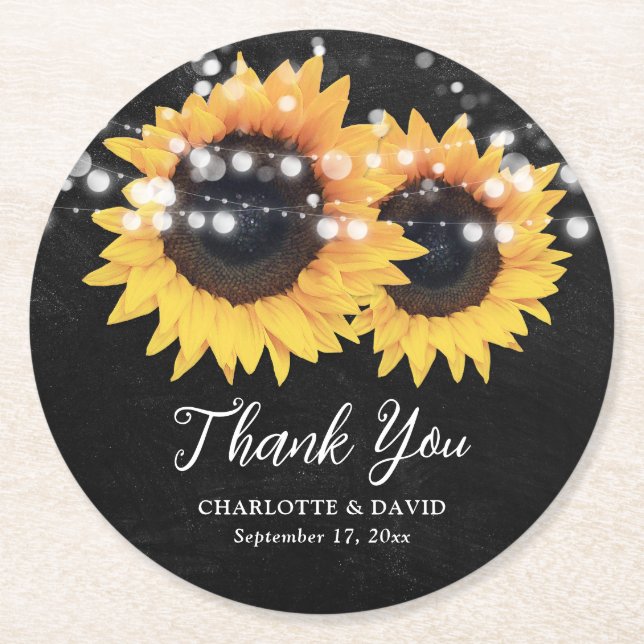 Black Chalkboard Sunflower Wedding Thank You Round Paper Coaster (Front)
