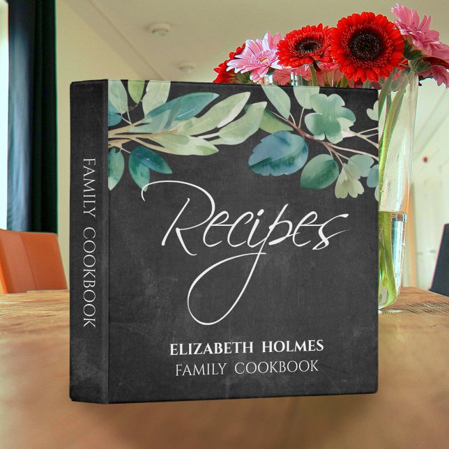 Black Chalkboard Watercolor Eucalyptus Recipes 3 Ring Binder (Creator Uploaded)