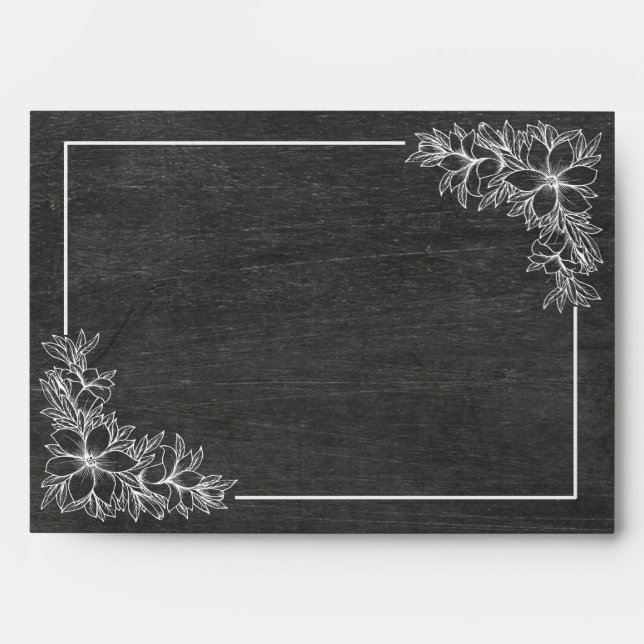 Black Chalkboard White Floral Gold Glitter Wedding Envelope (Front)