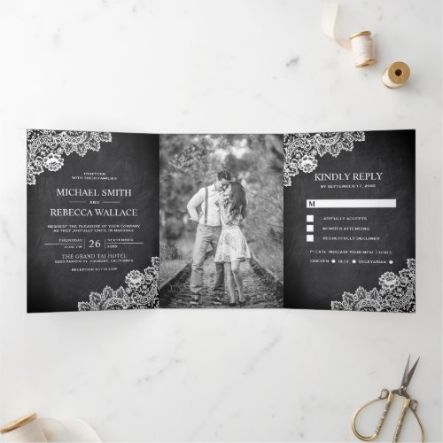 Black Chalkboard White Lace Wedding Photo Tri_Fold Invitation