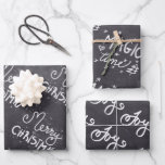 Black Chalkboard White Script Merry Christmas Wrapping Paper Sheets<br><div class="desc">Black chalkboard background,  white script. Simple,  minimalistic, ,  Modern Black & White design with "Merry Christmas" 'Joy" and "Magic time" script calligraphy. Art and design by Katalin Bator-Hos @BHKatti</div>