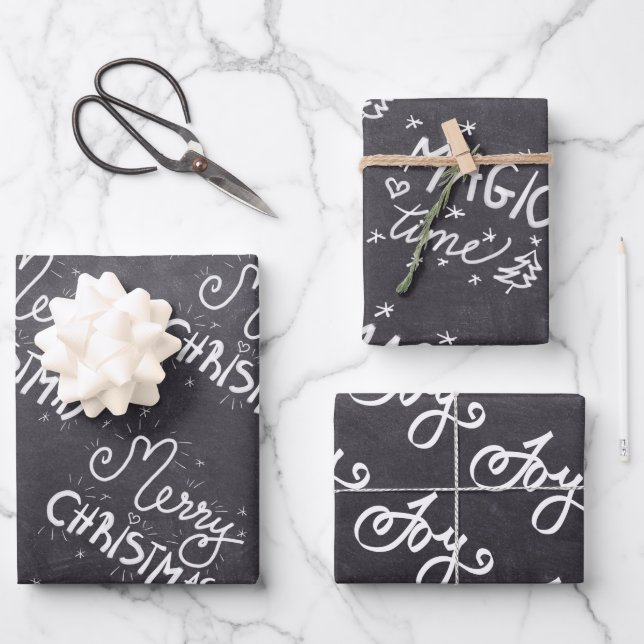 Black Chalkboard White Script Merry Christmas Wrapping Paper Sheets (Front)