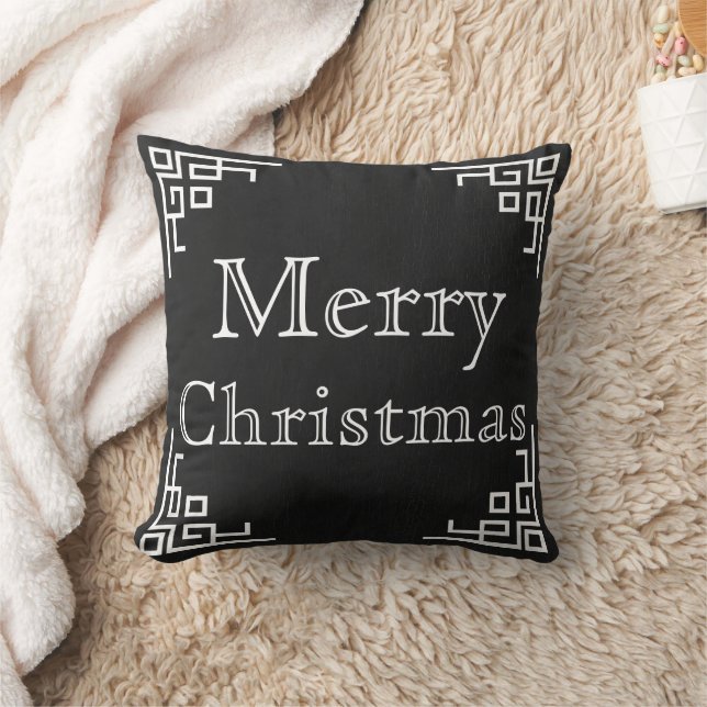 Black Chalkboard White Swirl Merry Christmas Throw Pillow (Blanket)