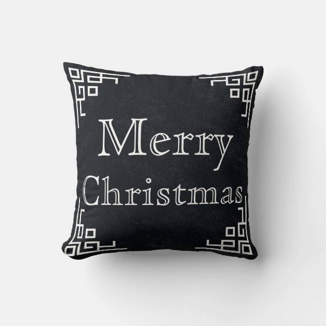 Black Chalkboard White Swirl Merry Christmas Throw Pillow (Front)