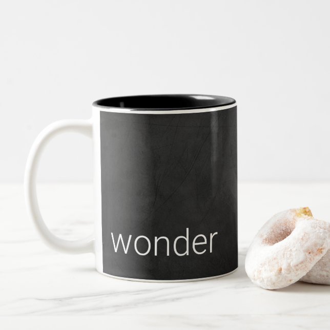 Black chalkboard with word "wonder" Two-Tone coffee mug (With Donut)