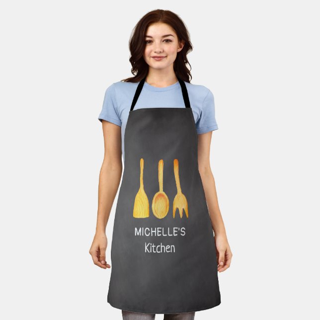 Black Chalkboard Yellow Watercolor Utensils Apron (Worn)