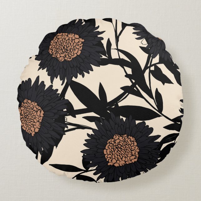 Black chamomile, gerbera: cream background. round pillow (Front)