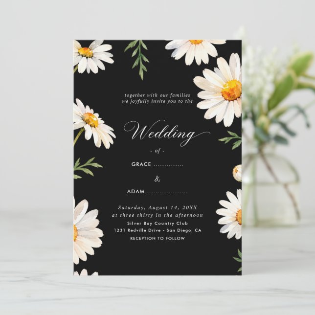 Black | Chamomile Wedding Invitation (Standing Front)