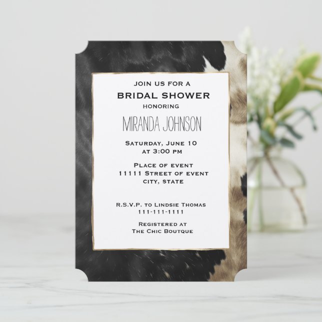 Black Champagne Gold Cowhide Bridal Shower Invitation (Standing Front)