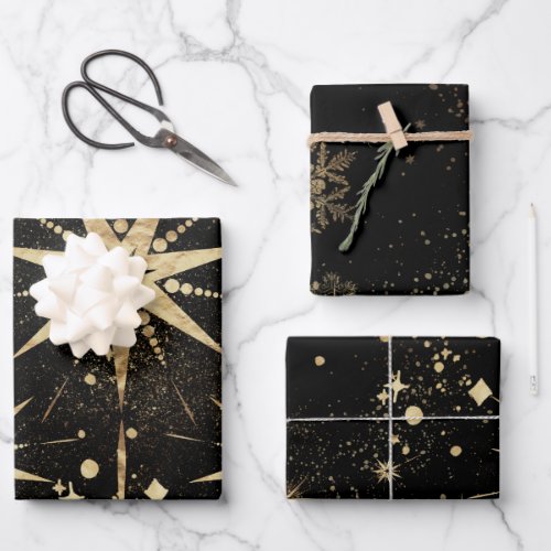 Black  Champagne Gold Starbursts  Stardust Wrapping Paper Sheets